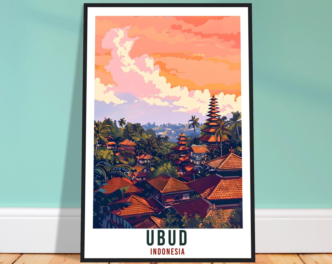 Ubud Indonesia Orange Sunset Temple Rooftops Vintage Travel Poster