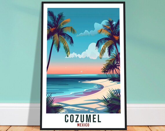 Cozumel Mexico Sunset Beach Tall Palm Trees Retro Travel Poster