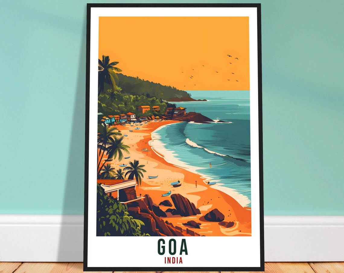 Goa India Sunset Beach Cliffs Fishing Boats Coastal Travel Poster