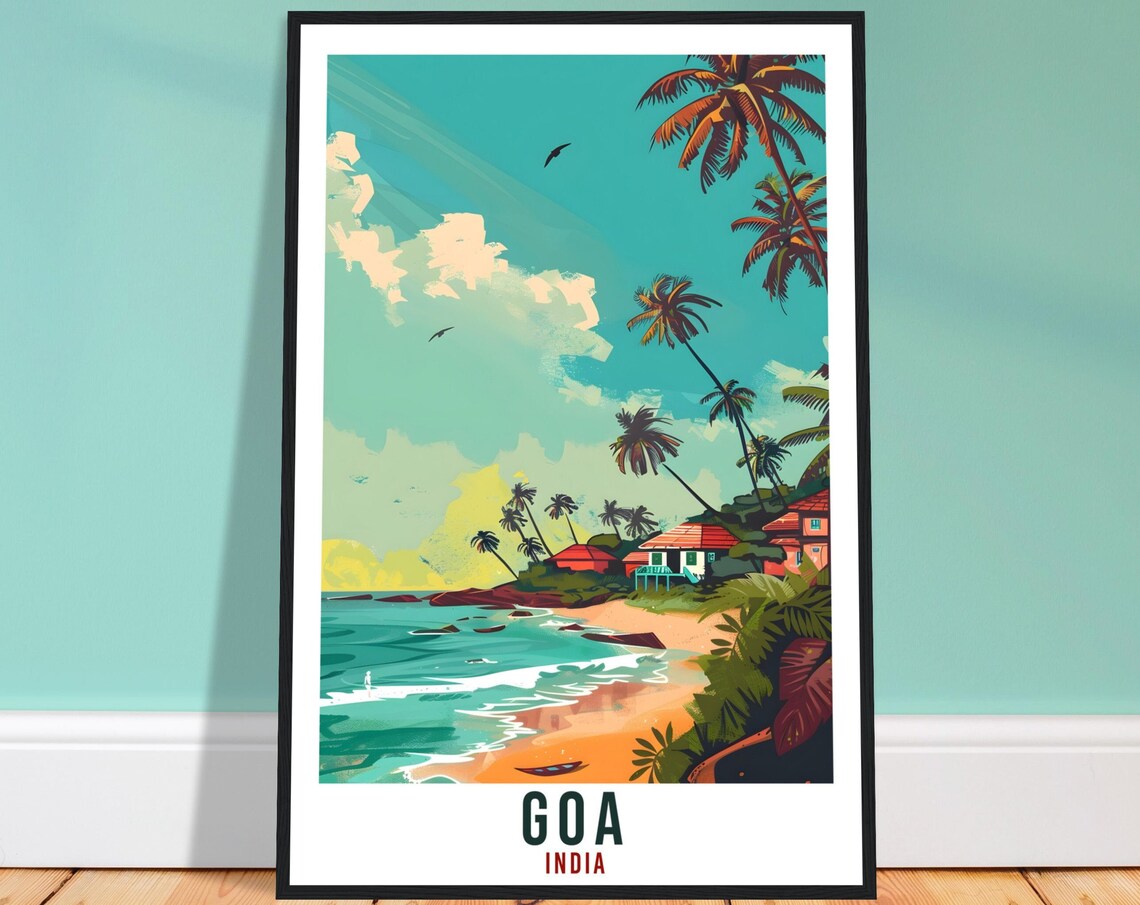 Goa India Tropical Beach Palm Trees Vintage Sunset Travel Poster