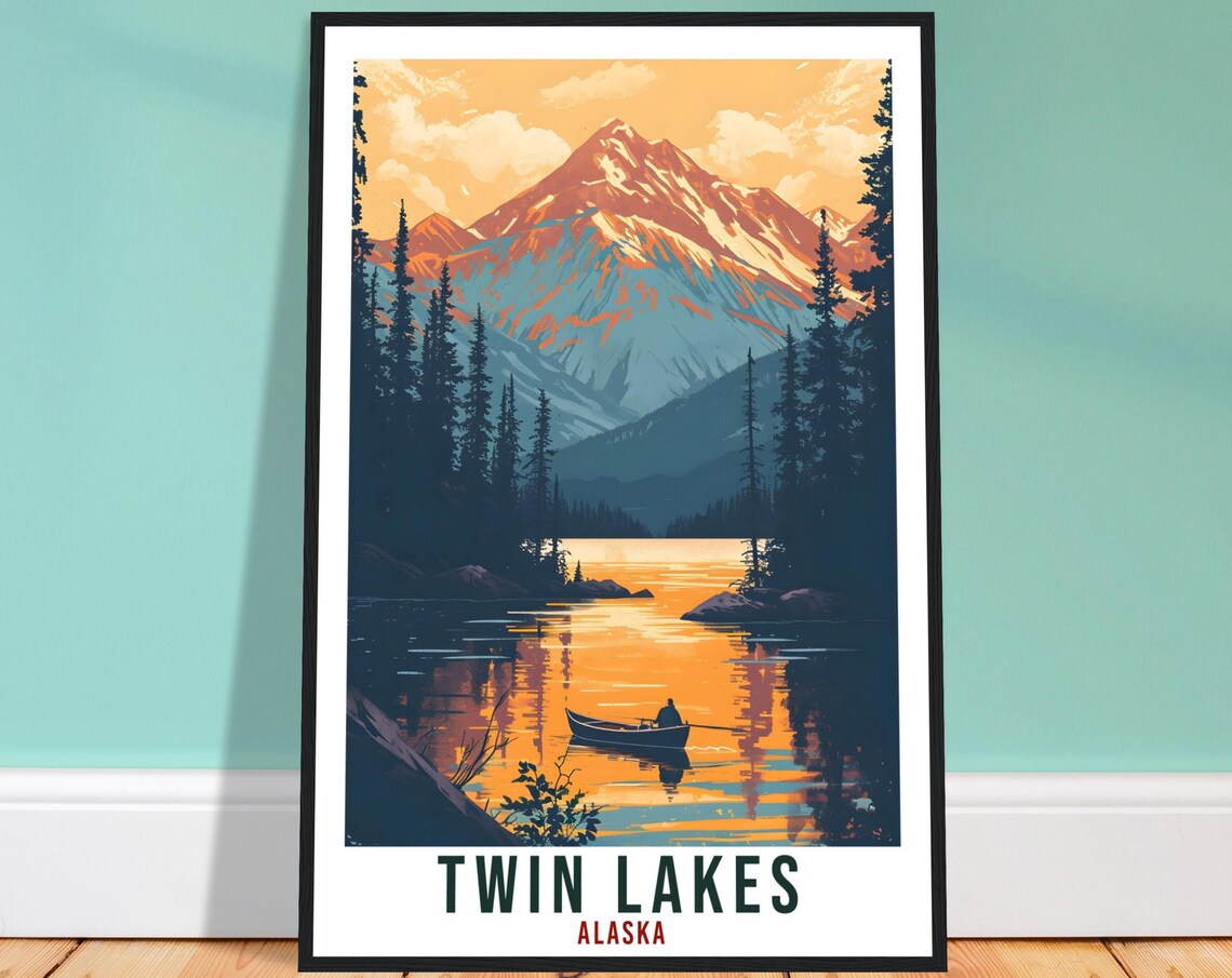 Twin Lakes Alaska Travel Poster Canoe Sunset Mountain Lake Scene
