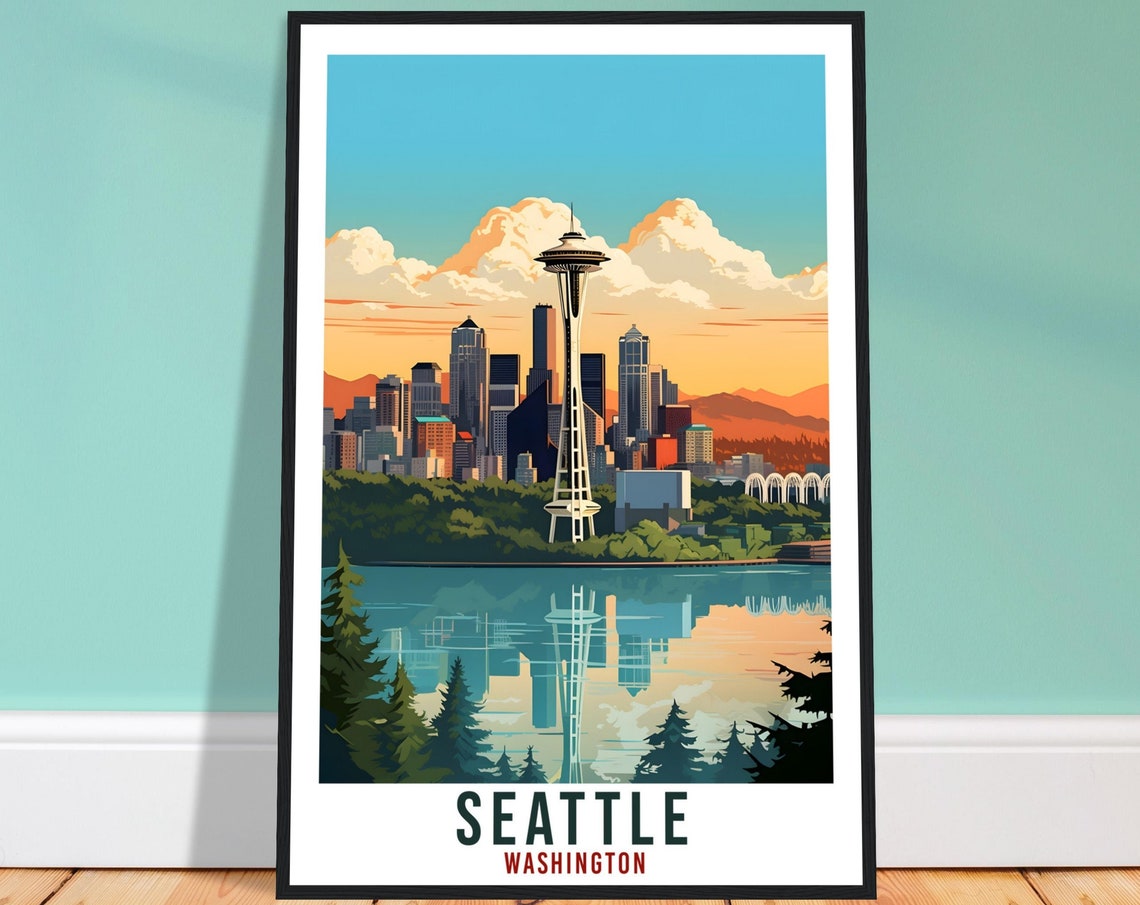 Seattle Washington Space Needle Skyline Water Reflection Art Poster