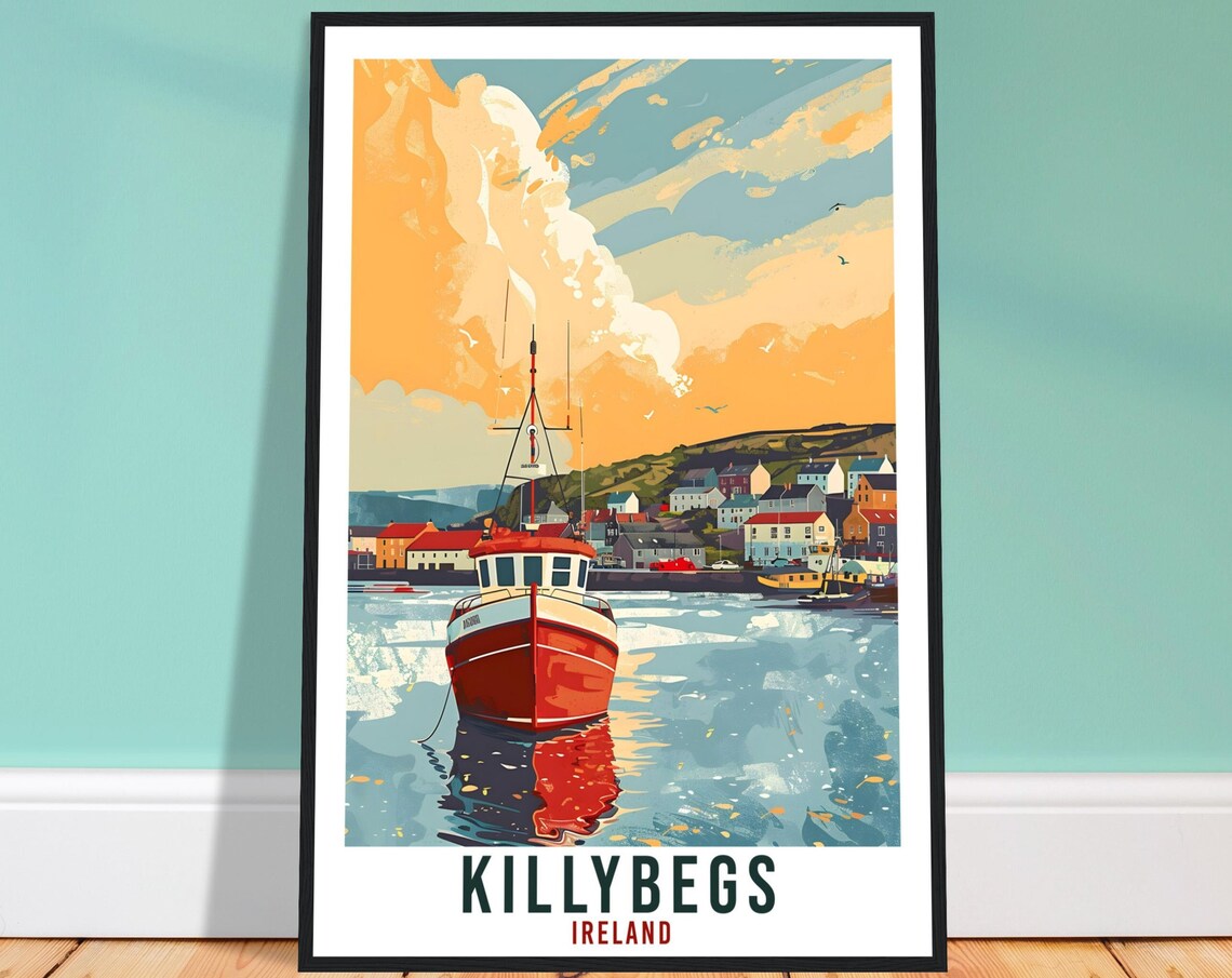 Killybegs Ireland Fishing Boat Harbor Sunset Vintage Travel Poster