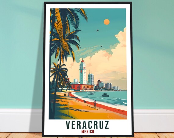 Veracruz Mexico Beach Palms Historic Bell Tower Travel Poster