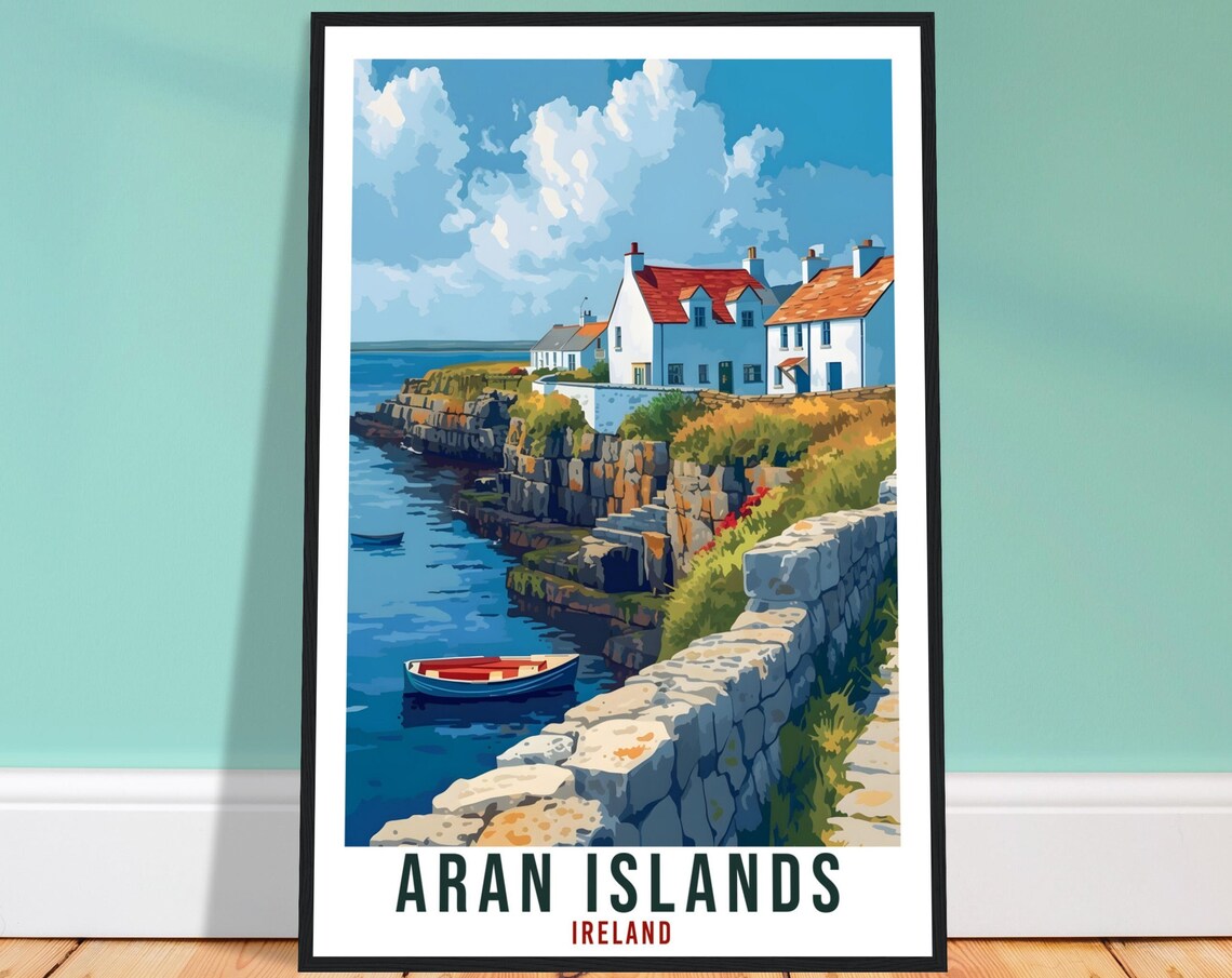 Aran Islands Ireland Stone Cottages Cliff Cove Travel Poster