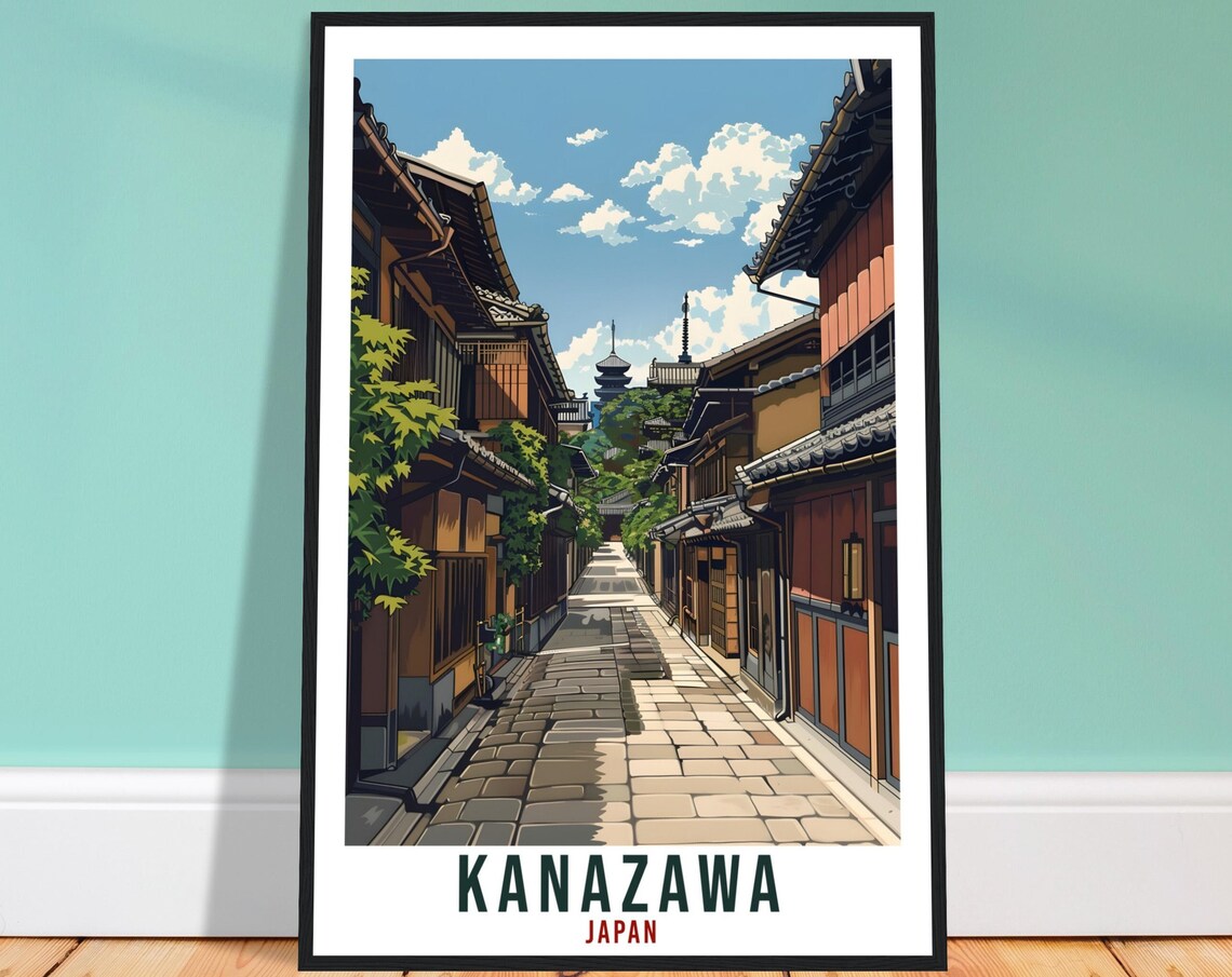 Kanazawa Japan Cobblestone Street Pagoda Wooden Travel Poster