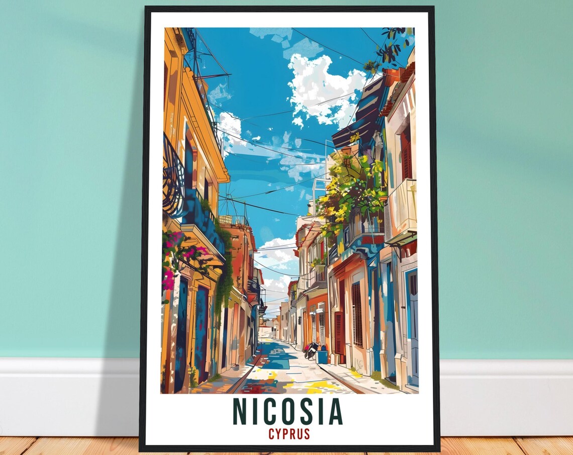 Nicosia Cyprus Old Town Street Balconies Blue Sky Travel Poster