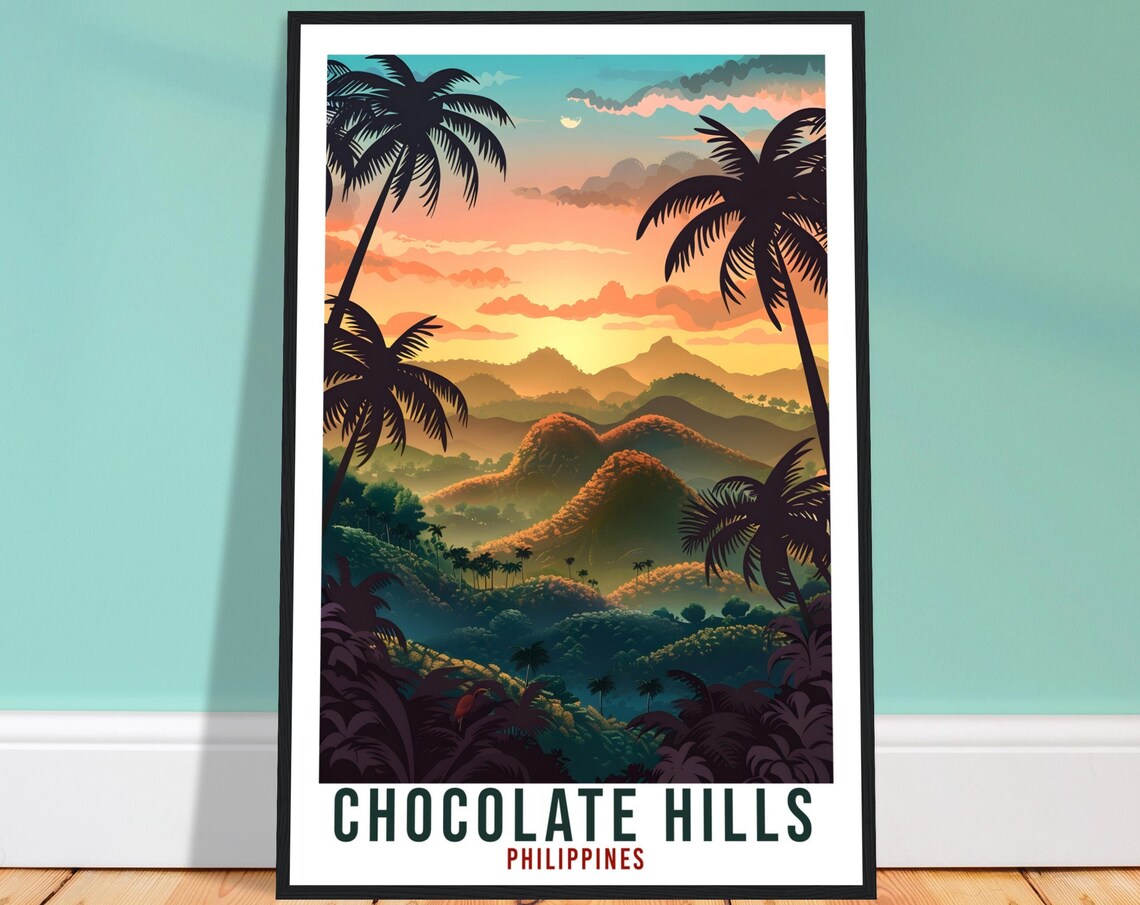 Bohol Chocolate Hills Philippines Sunset Palm Trees Travel Poster