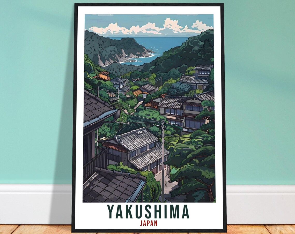 Yakushima Japan Forest Village Rooftops Ocean View Travel Poster