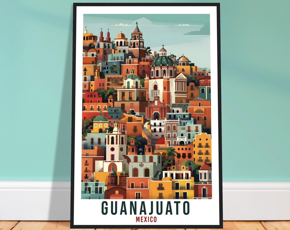 Guanajuato Mexico Illustrated Colorful Old Town Cityscape Travel Poster