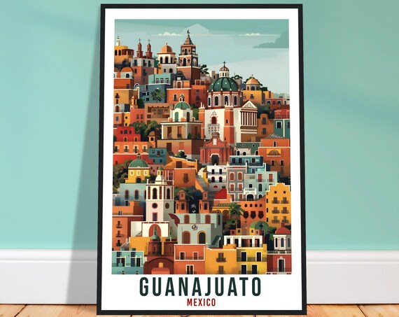 Guanajuato Mexico Illustrated Colorful Old Town Cityscape Travel Poster