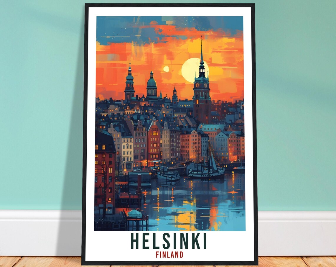 Helsinki Finland Sunset Harbor Vintage Travel Illustration Poster