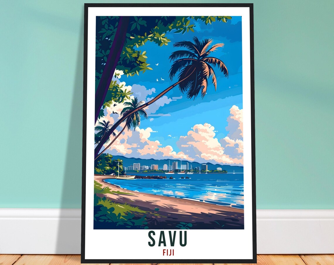 Savu Fiji Tropical Beach Bay Vintage Travel Illustration Poster