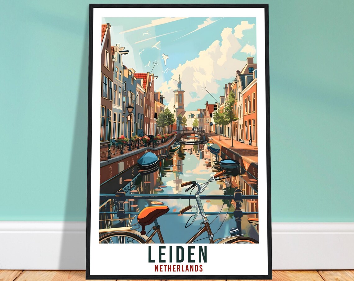 Leiden Netherlands Canal Bicycle Bridge Vintage Travel Poster
