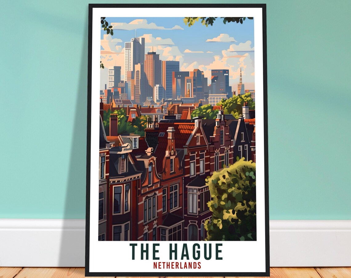 The Hague Canal Houses Modern Skyline Netherlands Travel Poster
