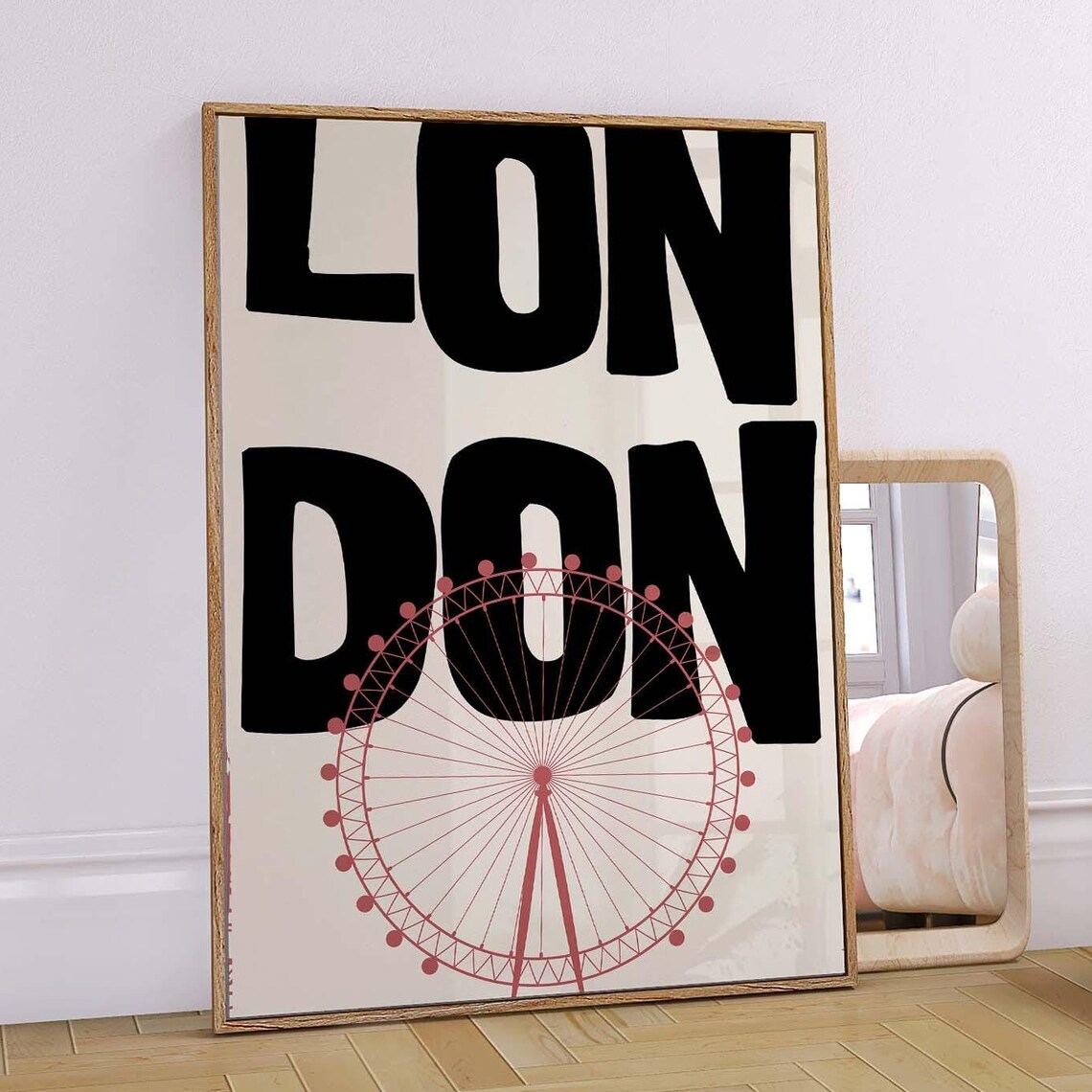 London Black Bold Typography Pink Ferris Wheel Retro Travel Art Poster
