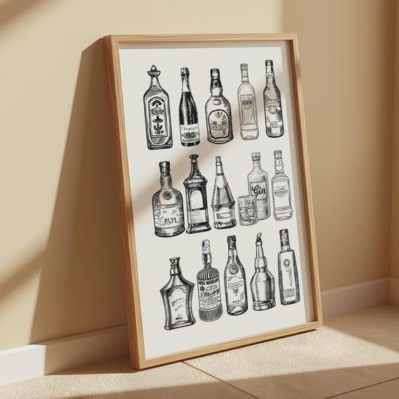 Black Bar Cart Print Vintage Bar Cart Decor Alcohol Bottles Aesthetic Print Kitchen Wall Art Bar Printables Art Drinks Wall