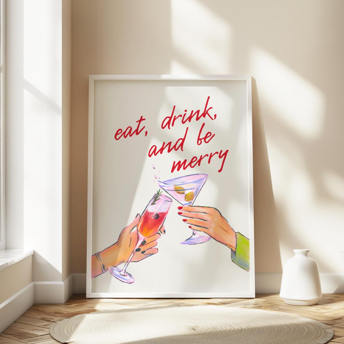 Eat Drink and Be Merry Red Script Toast Cocktail Party Poster - Image 2