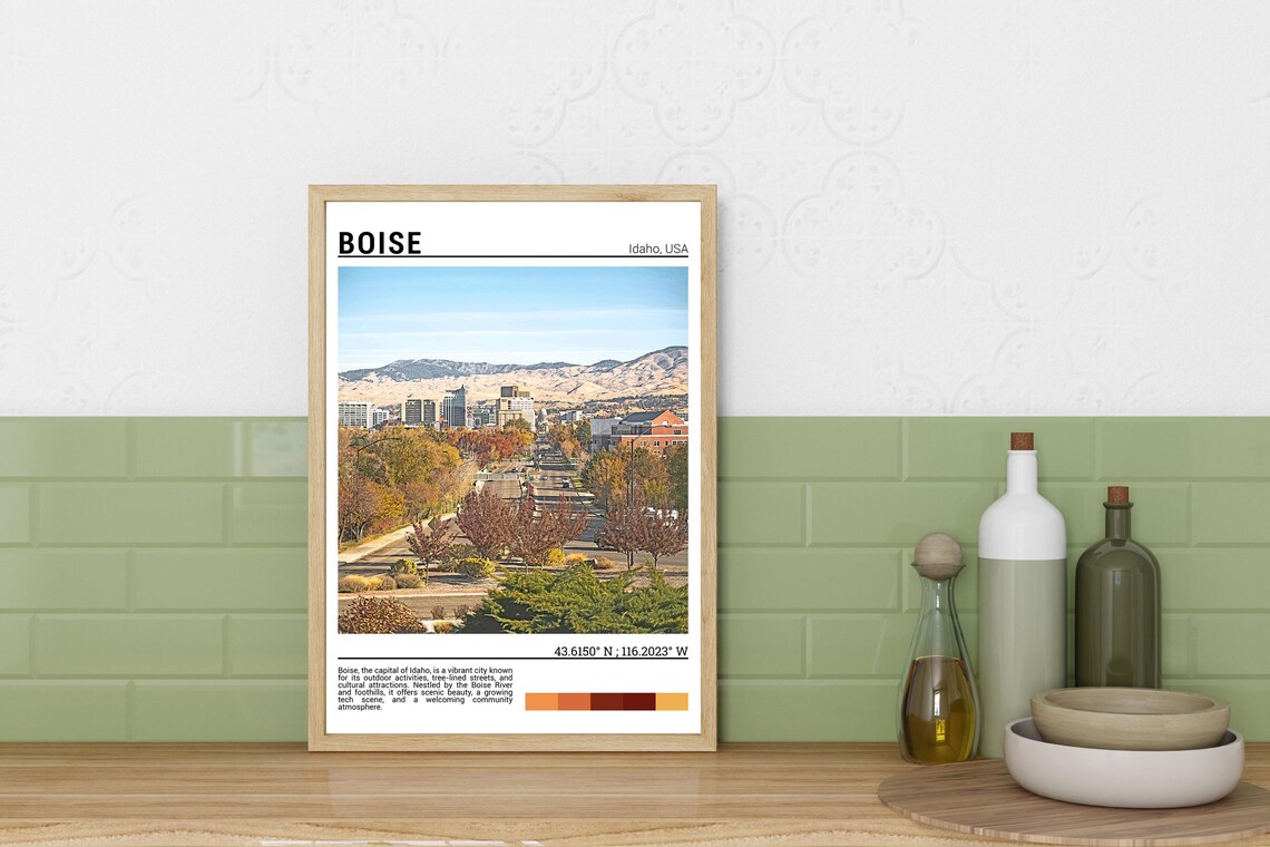Boise Idaho City Skyline Foothills Tree Lined Street Travel Poster - Image 3