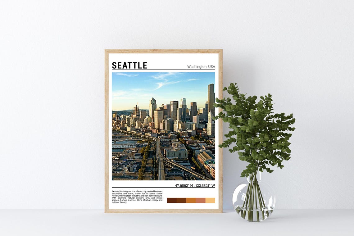 Seattle Washington Downtown Skyline Golden Hour Travel Poster - Image 4