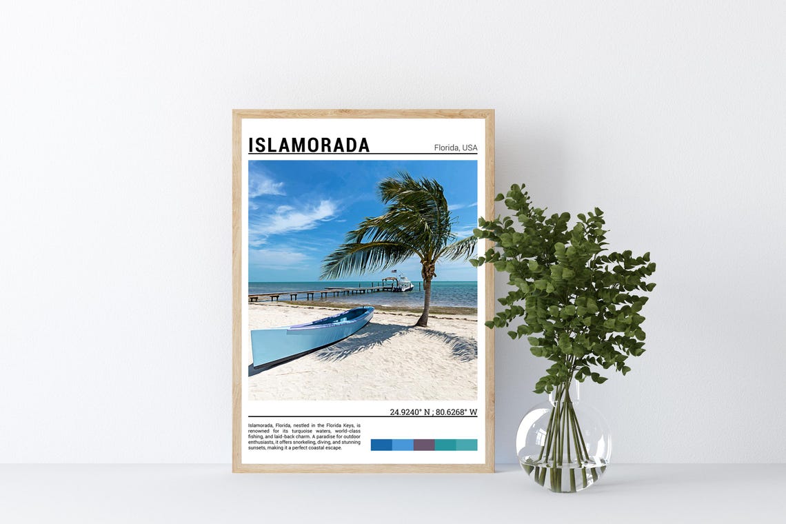 Islamorada Florida Keys Sunny Palm Tree Canoe Beach Pier Poster - Image 4