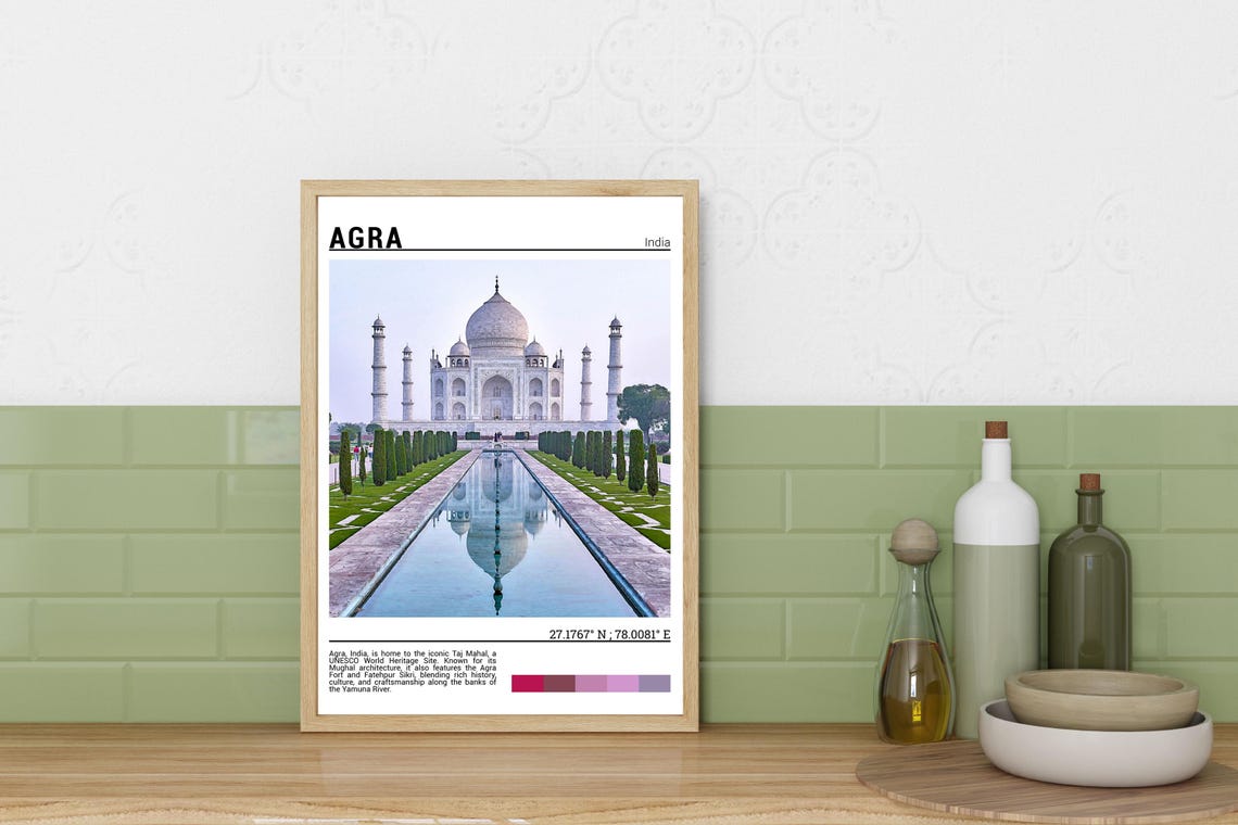 Agra India Taj Mahal Reflecting Pool Mughal Architecture Travel Poster - Image 3