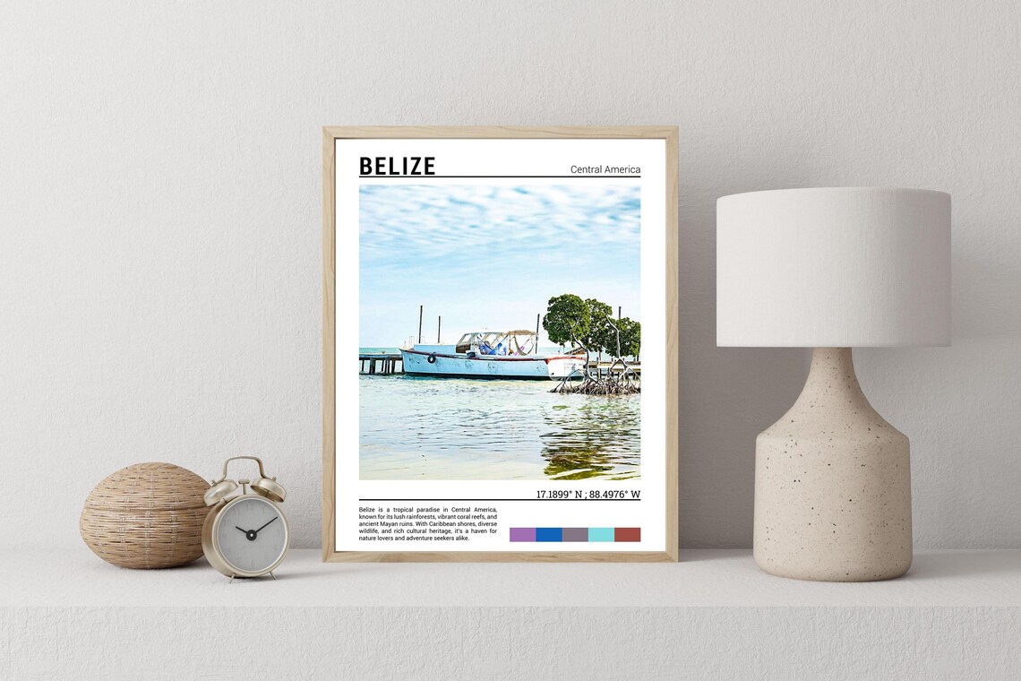 Belize Caribbean Boat Moored Wooden Pier Mangrove Shore Poster - Image 2