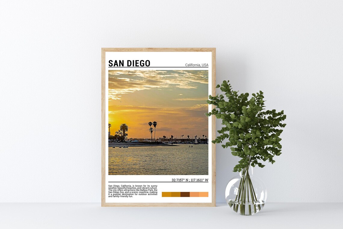 San Diego California Sunset Bay Palm Trees Marina View Travel Poster - Image 4