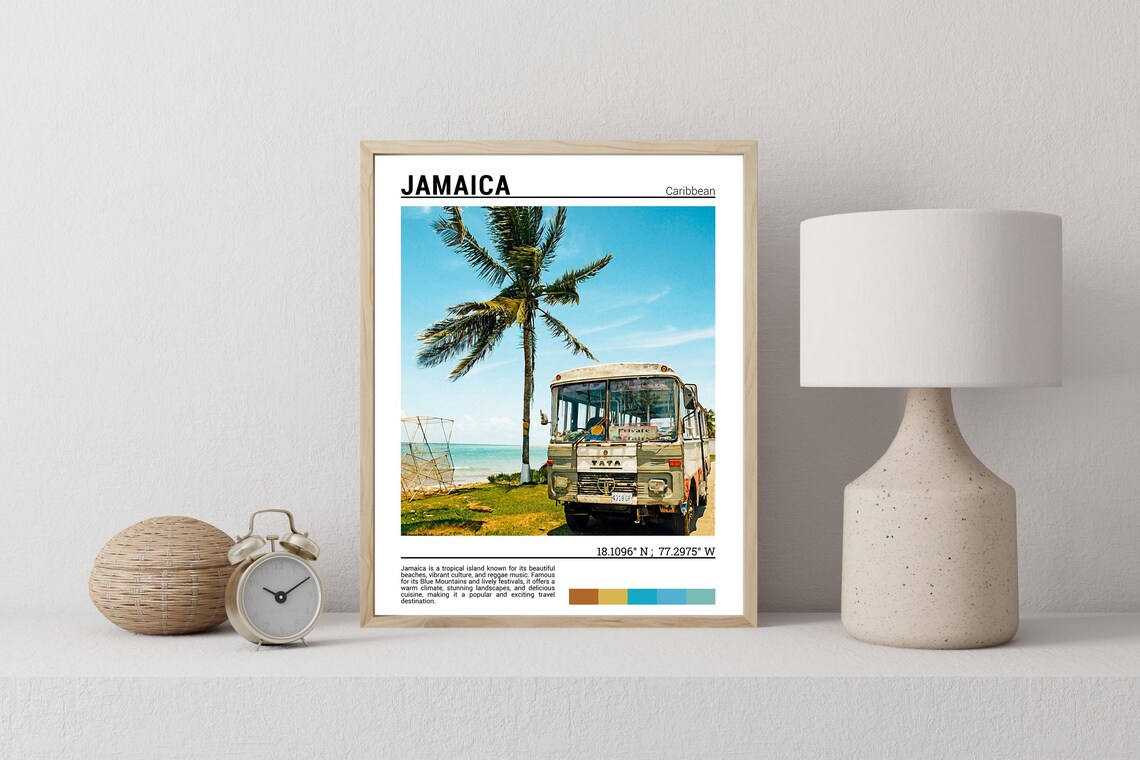 Jamaica Caribbean Vintage Bus Palm Tree Beach Tropical Travel Poster - Image 2