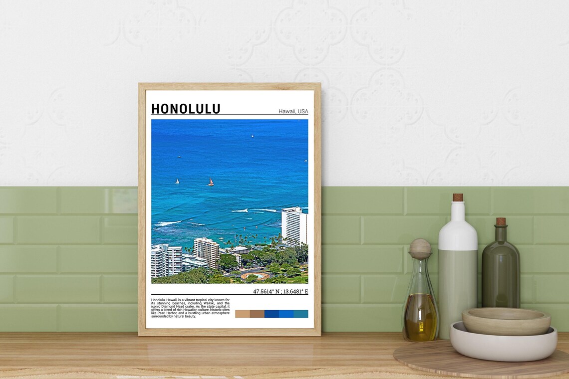 Honolulu Hawaii Waikiki Beach Aerial Turquoise Ocean View Poster - Image 3