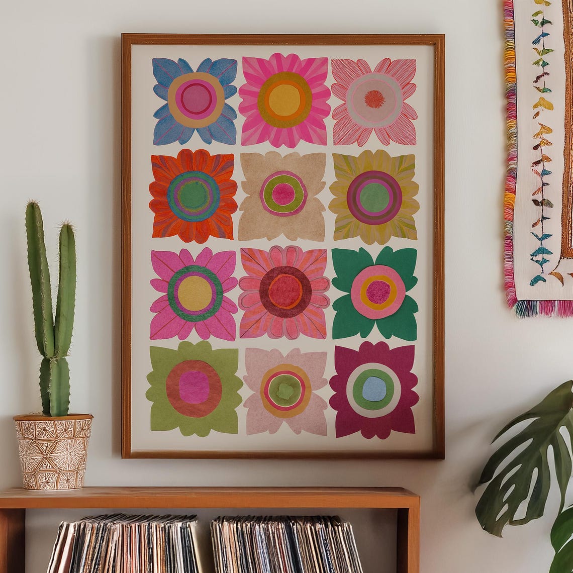 Bold Geometric Flower Grid Colorful Folk Art Botanical Poster