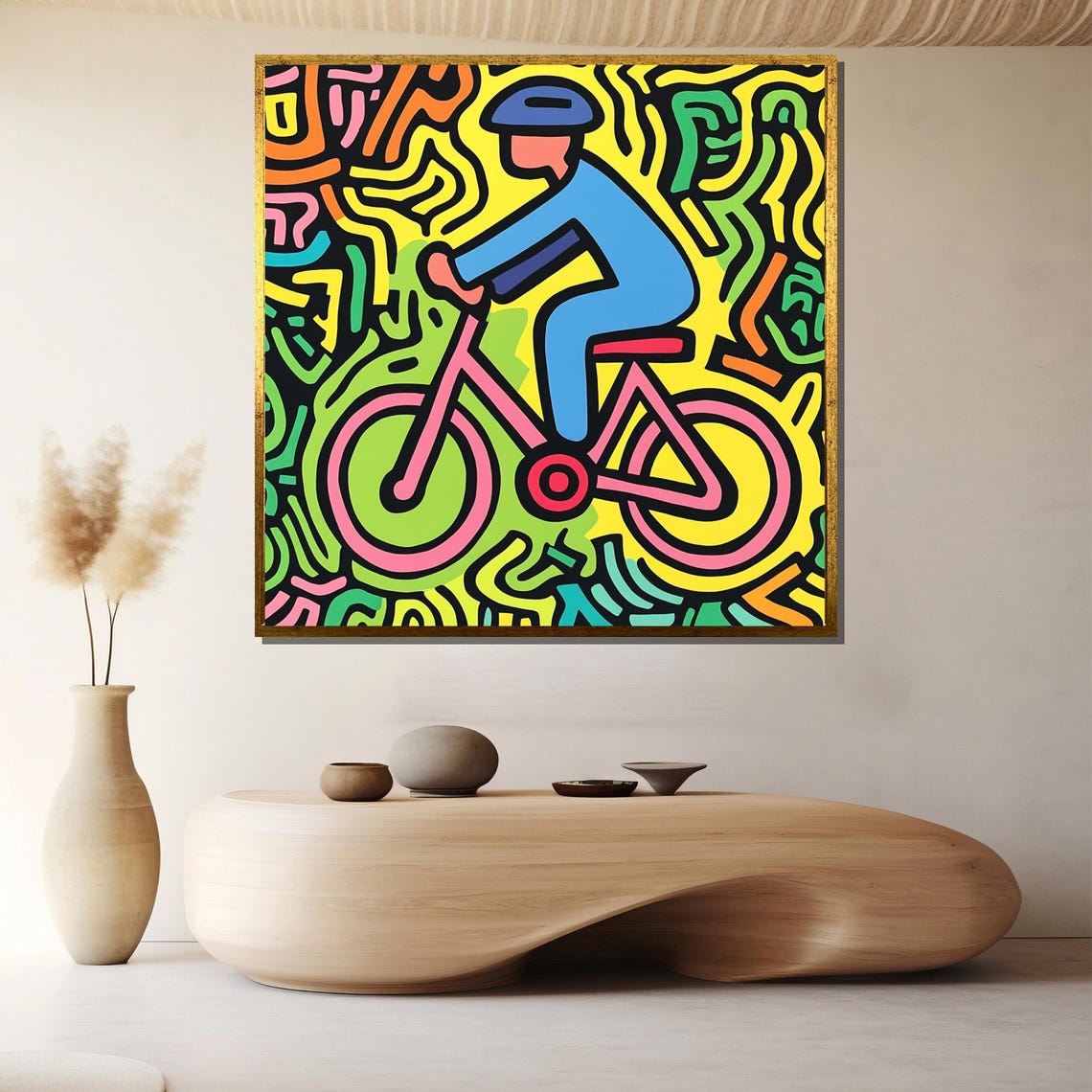 Keith Haring Inspired Joyful Cyclist Pink Bike Colorful Pop Poster