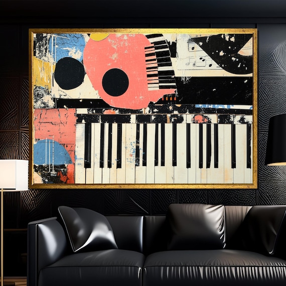 Retro Piano Keys Collage Music Notes Abstract Jazz Pop Art Mixed Media Poster