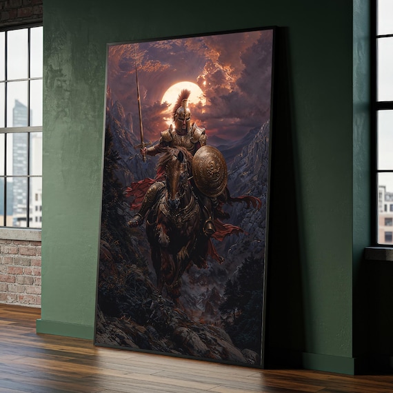 Armored Warrior on Horse Epic Fantasy Mountain Sunset Poster