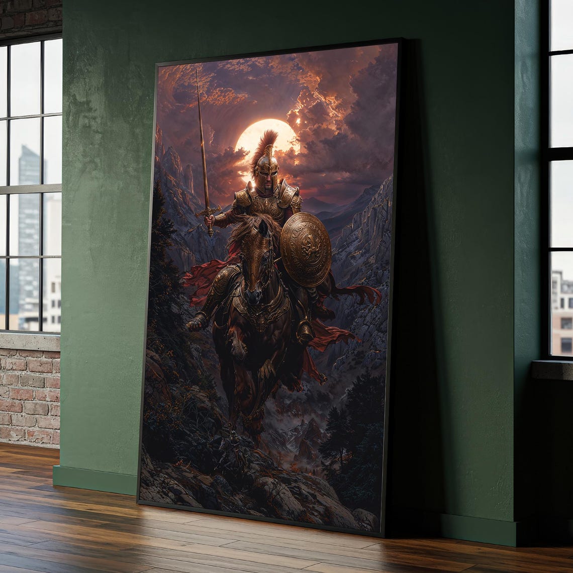 Armored Warrior on Horse Epic Fantasy Mountain Sunset Poster