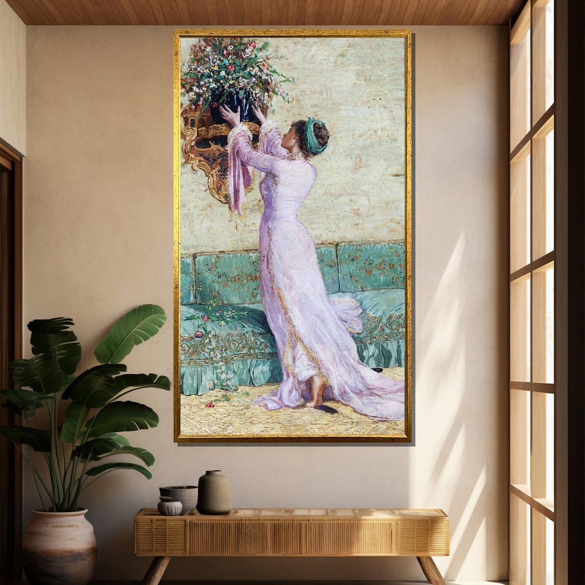 Elegant Lady in Pink Gown Arranging Flowers Victorian Interior Poster
