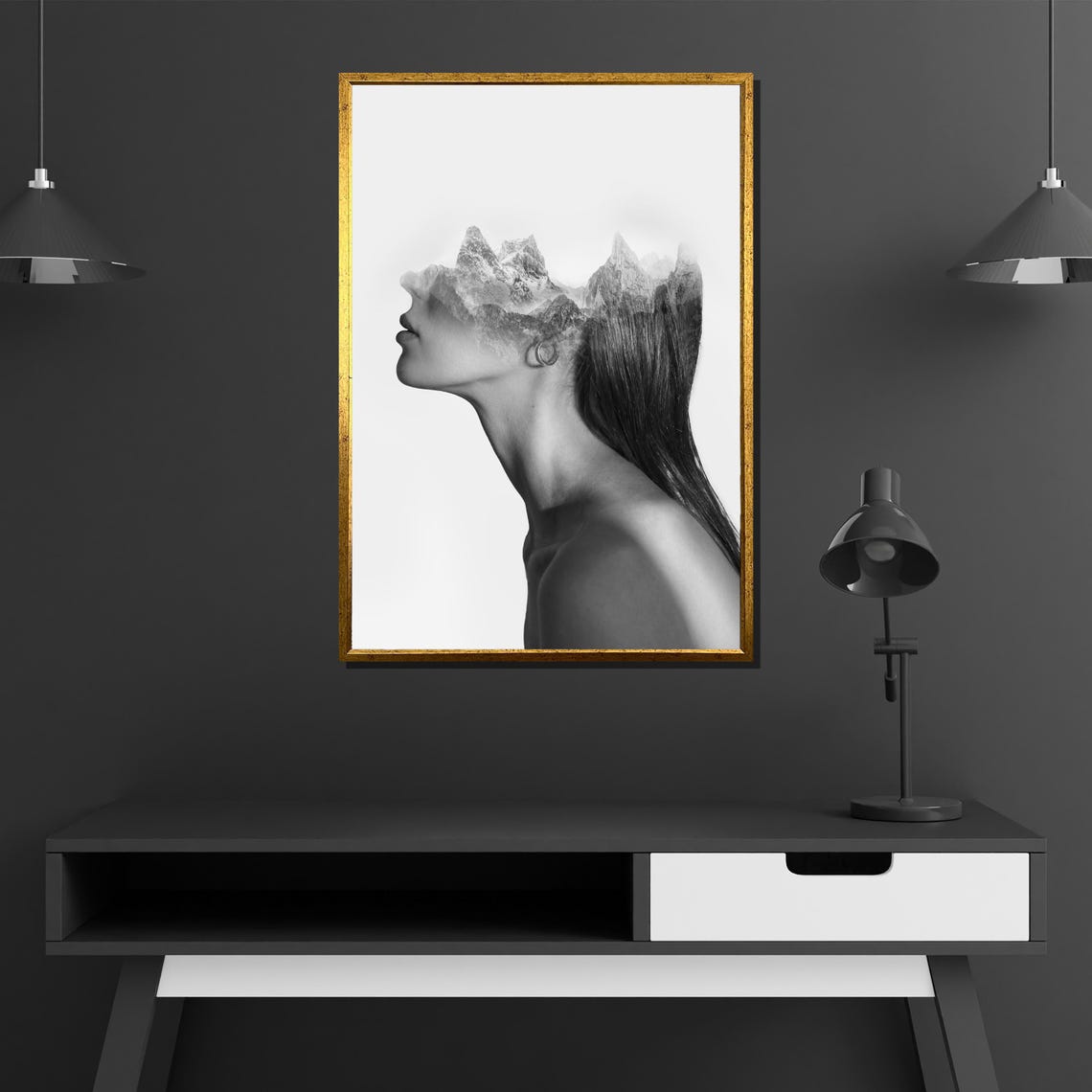 Double Exposure Mountain Woman Minimalist Black White Profile Poster - Image 4