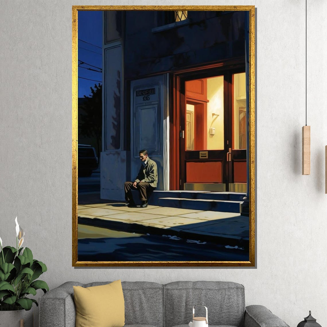 Edward Hopper Style Lonely Man Night Doorway Moody Painting Poster