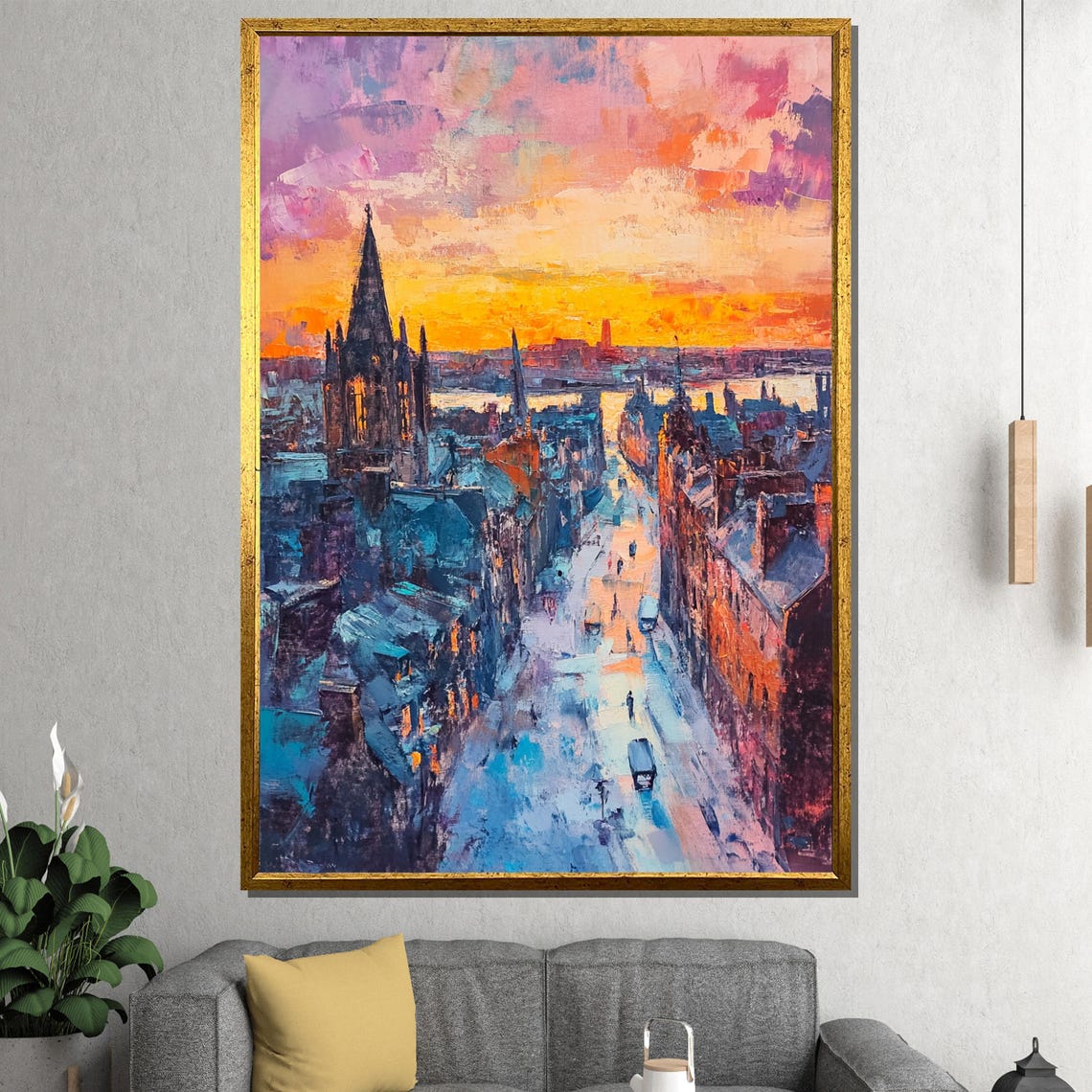 European Old Town Sunset River Church Spire Golden Art Poster