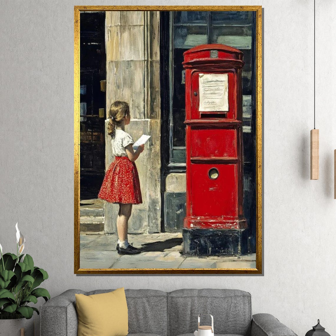 Little Girl Posting Letter Red British Mailbox Sunlit Street Poster
