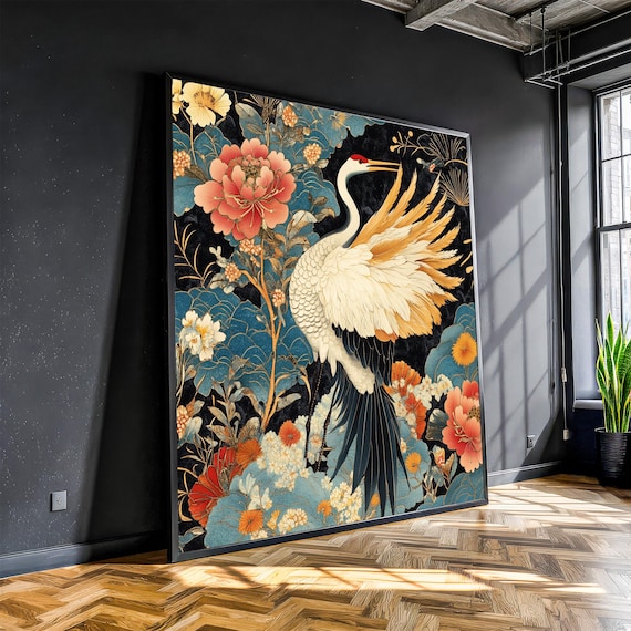 Elegant White Crane Peony Blossoms Japanese Floral Art Poster