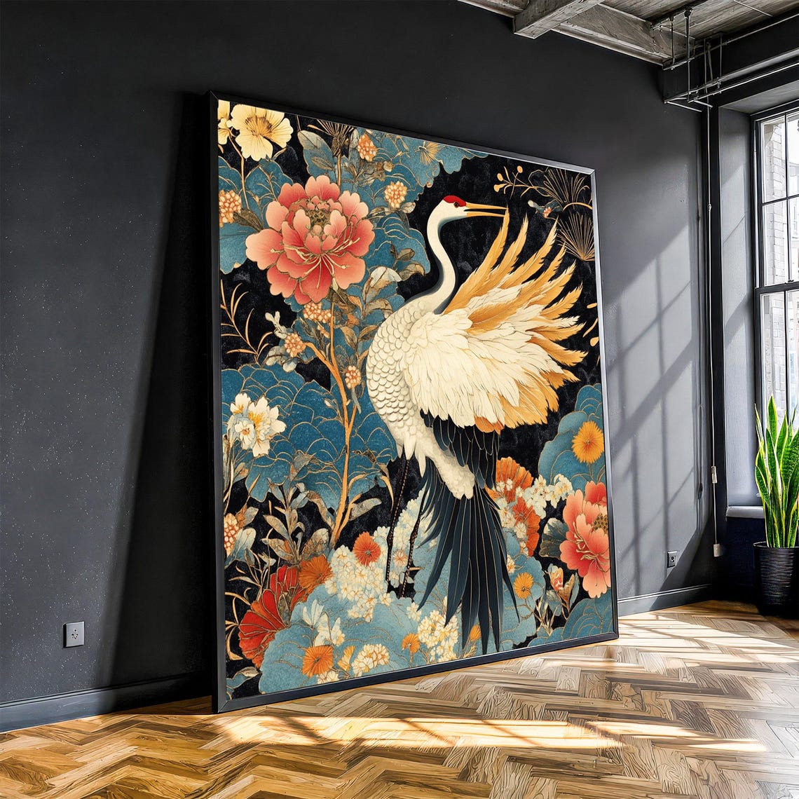 Elegant White Crane Peony Blossoms Japanese Floral Art Poster