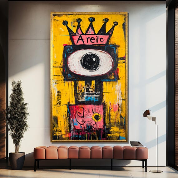 Crowned Eye Canvas Painting Neoexpressionist Street Wall Art Ready To Hang Gift For Bold Lovers