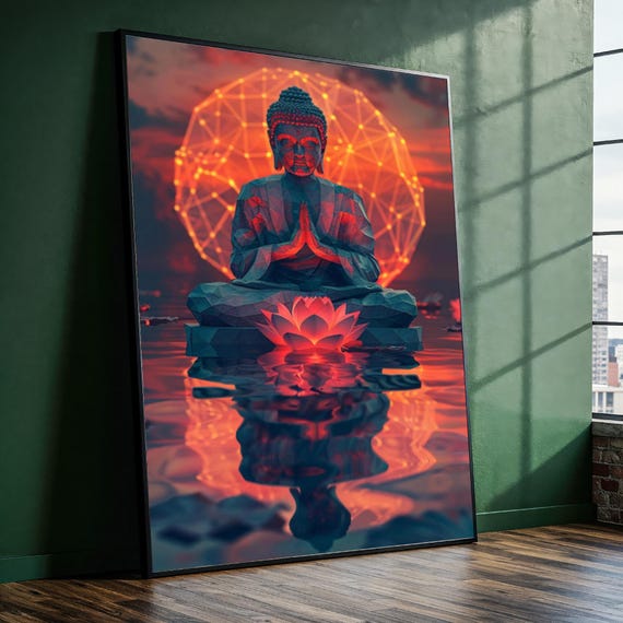 Buddha Meditation Canvas Painting Glowing Reflection Boho Spiritual Wall Art Ready To Hang Gift