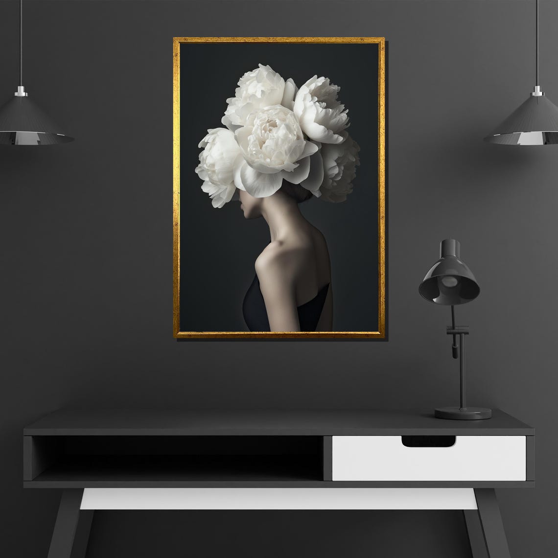 Minimalist Woman With White Peonies Black Background Wall Art - Image 4