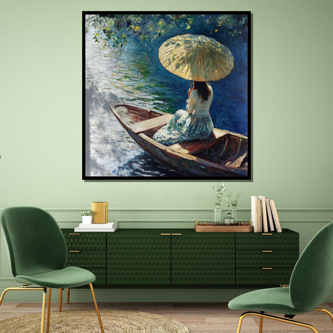 Girl With Parasol in Boat Romantic Summer Lake Impressionist Poster - Image 3