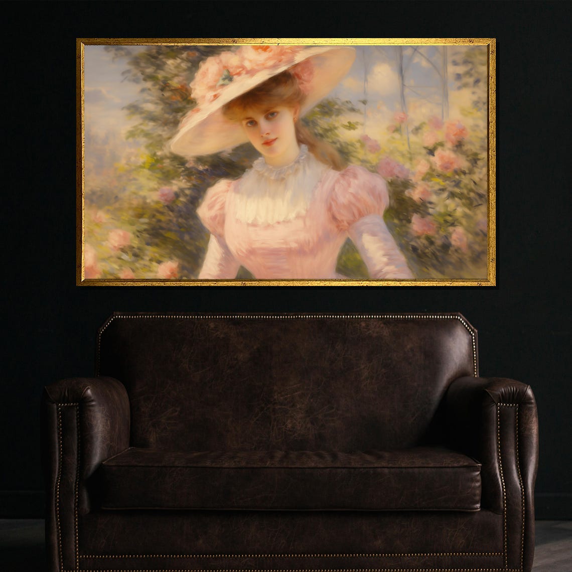 Edwardian Lady in Blush Pink Dress Blooming Garden Portrait Poster