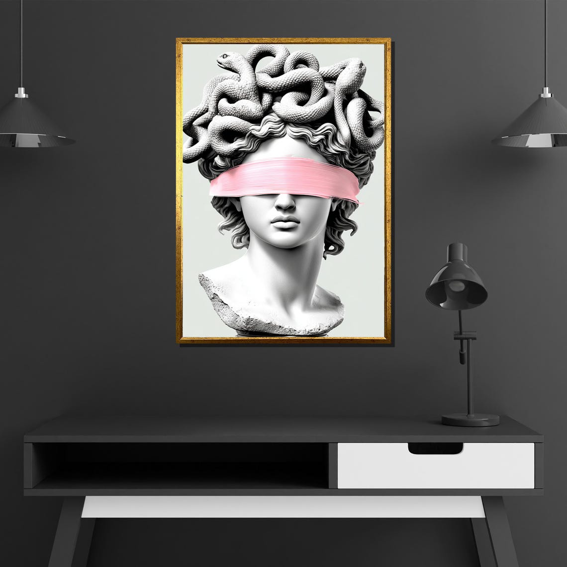 Medusa Bust Sculpture With Pink Blindfold Greek Mythology Poster - Image 4
