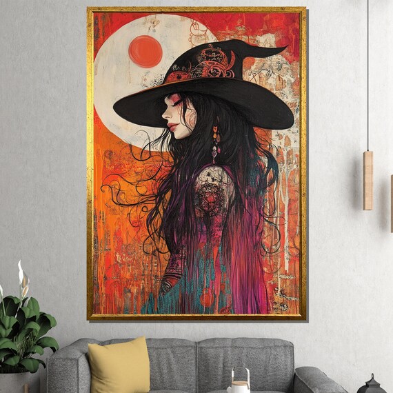 Mystical Witch Woman Gothic Fantasy Orange Moon Dark Painting Poster