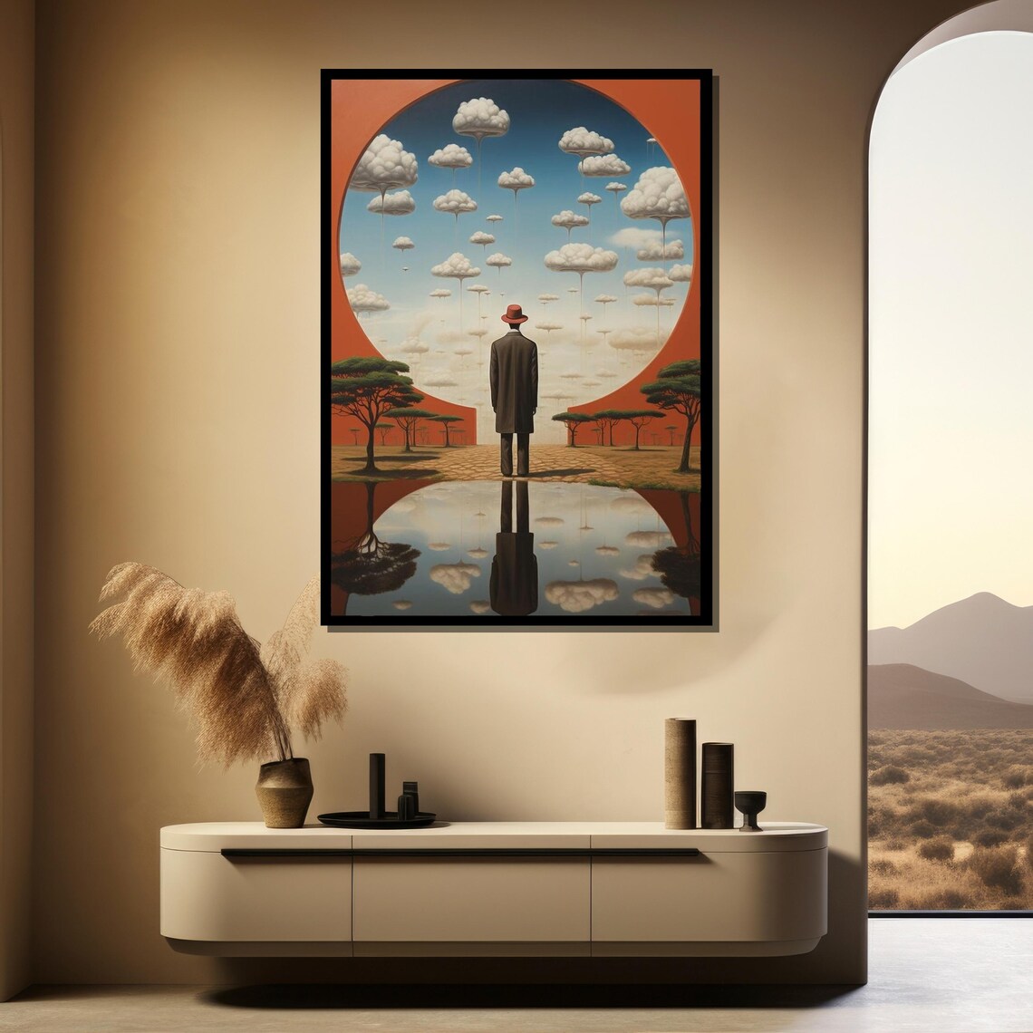 Rene Magritte Style Man Red Bowler Hat Cloud Tree Reflection Art Poster - Image 3